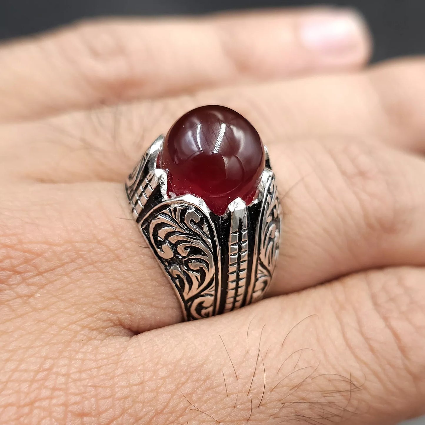 Blood Red Aqeeq Ring - Sterling Silver Natural Men's Agate Ring - Heavenly Gems