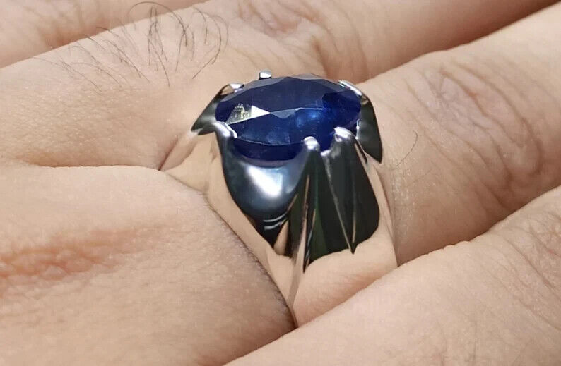 4.6 Carat Sapphire Ring Sterling Silver Handmade Mens Ring Natural Blue Sapphire - Heavenly Gems