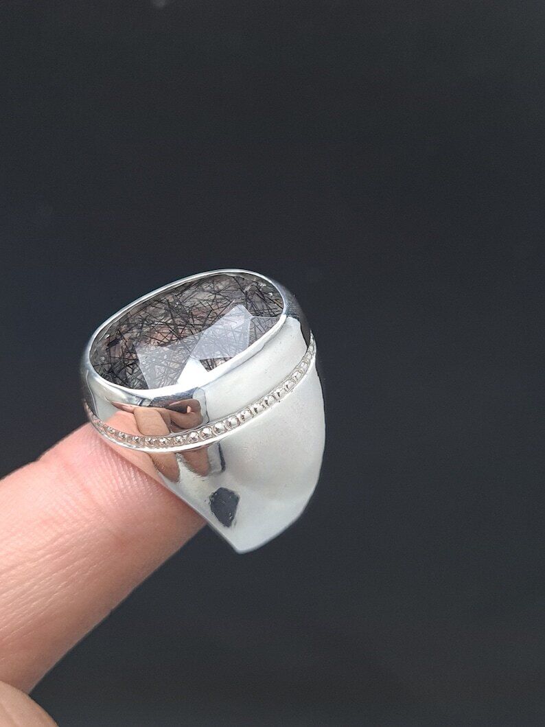 Natural Muh e Najaf Mens Sterling Silver 925 Handmade Ring Rutilated Quartz Ring - Heavenly Gems