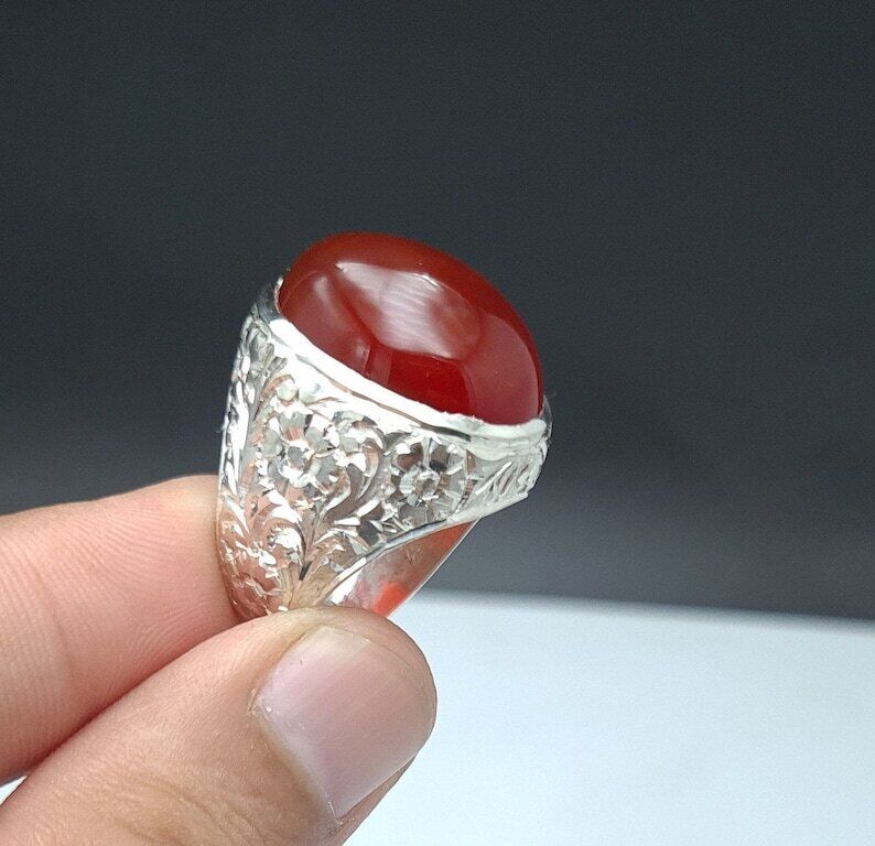 Mens Yemeni Aqeeq Ring Deep Blood Red Yamni Oval Cut Agate Ring For Men Natural Agate 925 Sterling Silver - Heavenly Gems