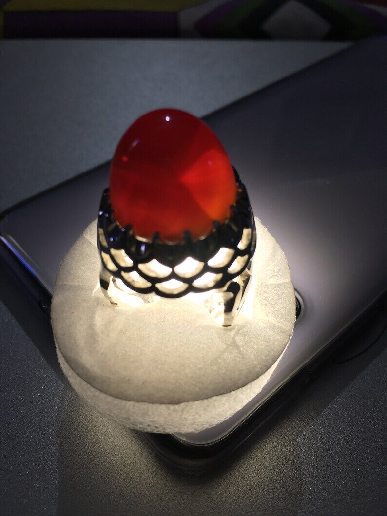 Shefat Al Abad Habshi Kabidi Yemeni Aqeeq Akik Agate Ring Blood Color Underlight Sterling Silver 925 - Heavenly Gems