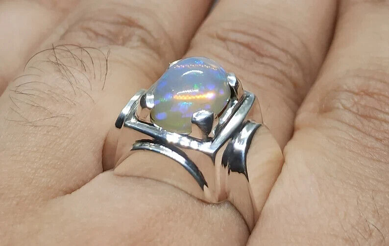 3 Carat Natural Ethiopian Fire Opal Ring 925 Sterling Silver Handmade Mens Ring - Heavenly Gems
