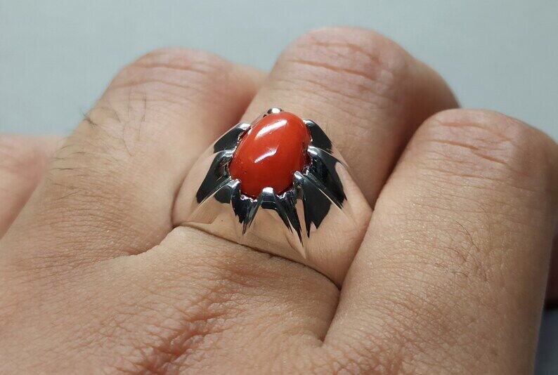 Natural Deep Red Australian Coral Mens Ring Sterling Silver 925 Dark Red marjan - Heavenly Gems