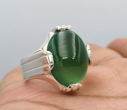 Green Yemeni Aqeeq Yamni Yemen Yamani Agate Akik Aqiq Hakik Ring Handmade Silver - Heavenly Gems
