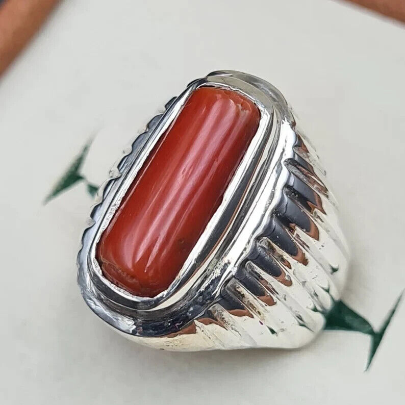 Untreated Real Coral ring Mens Coral Ring Marjan rings Top reddish Orange coral - Heavenly Gems