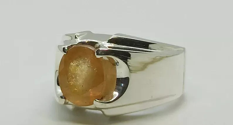 Natural Yellow Sapphire Men's Ring - Sterling Silver 925 Handmade Pukhraj Ring - Heavenly Gems