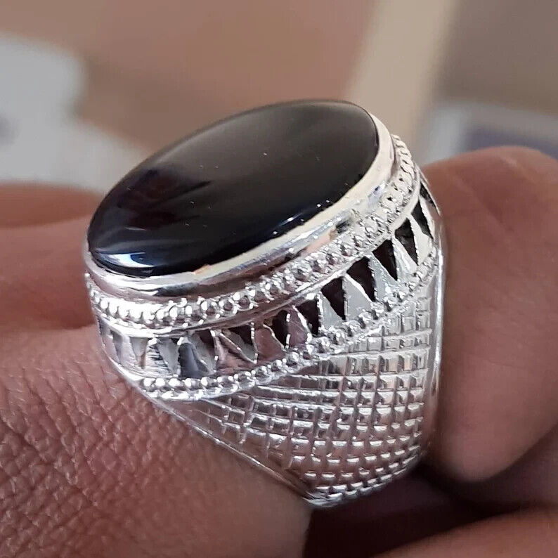 Big Kabadi Black Aqeeq Oval Cut Ring Yemeni Aqeeq Ring for Men Mens Yameni Aqeeq gift men - Heavenly Gems