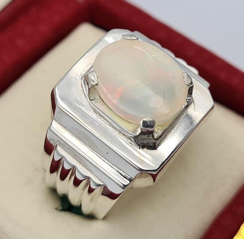 opal ring natural white opal australian handmade jewelry sterling silver ring - Heavenly Gems