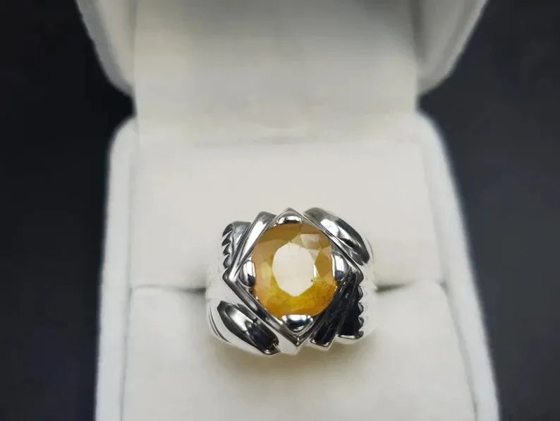 Mens Yellow Sapphire Ring - Pukhraj Ring For Men - Natural Yellow Sapphire Handmade - Heavenly Gems