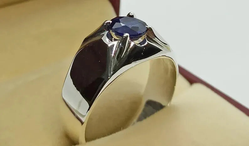 Natural Royal Deep Blue Sapphire Mens Ring Sterling Silver 925 Handmade Blue men - Heavenly Gems