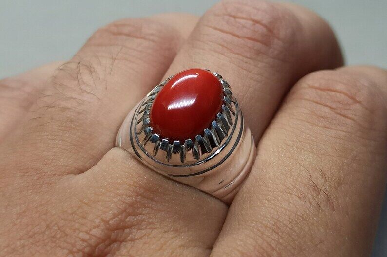 Natural Deep Red Australian Coral Mens Ring Sterling Silver 925 Dark Red ring - Heavenly Gems