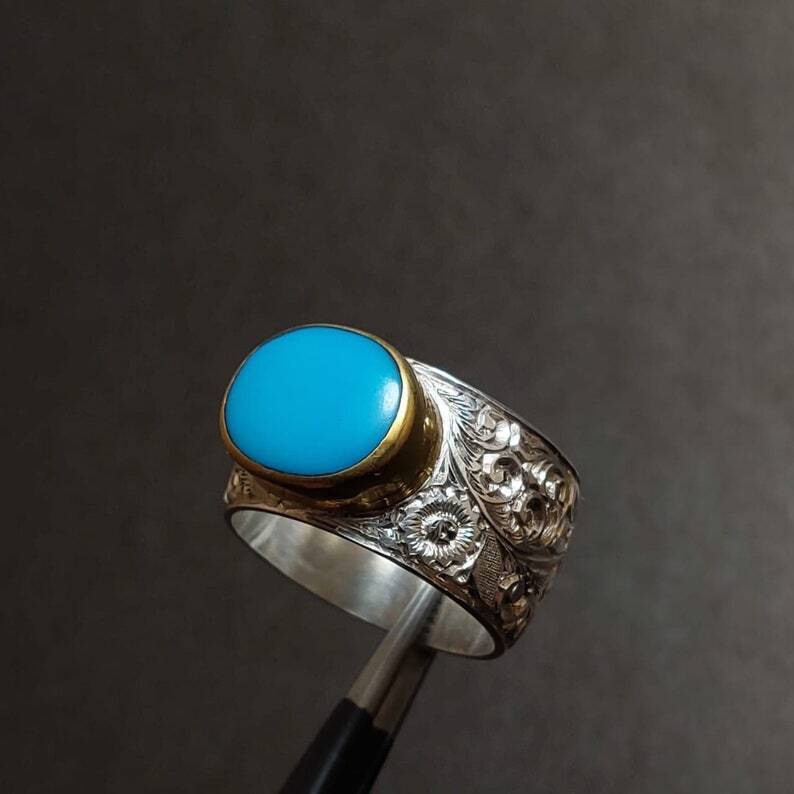 Natural Nishapur Turquoise Feroza Ring Sterling Silver 925 Handcrafted Rare ring - Heavenly Gems