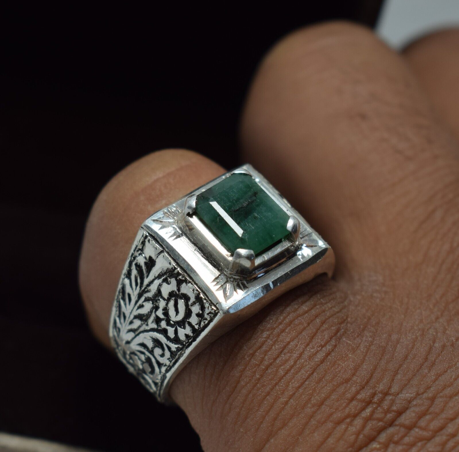 Natural Emerald Ring mens emerald bague sterling silver handmade emerald ring 925 Sterling Silver - Heavenly Gems