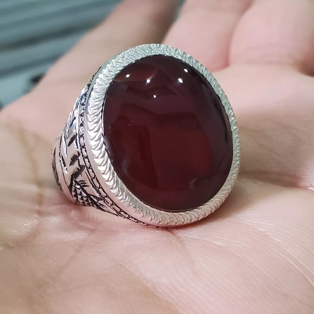 Mens Yemeni Aqeeq Ring Deep Blood Red Yamni Agate Ring For Man Natural Agate - Heavenly Gems