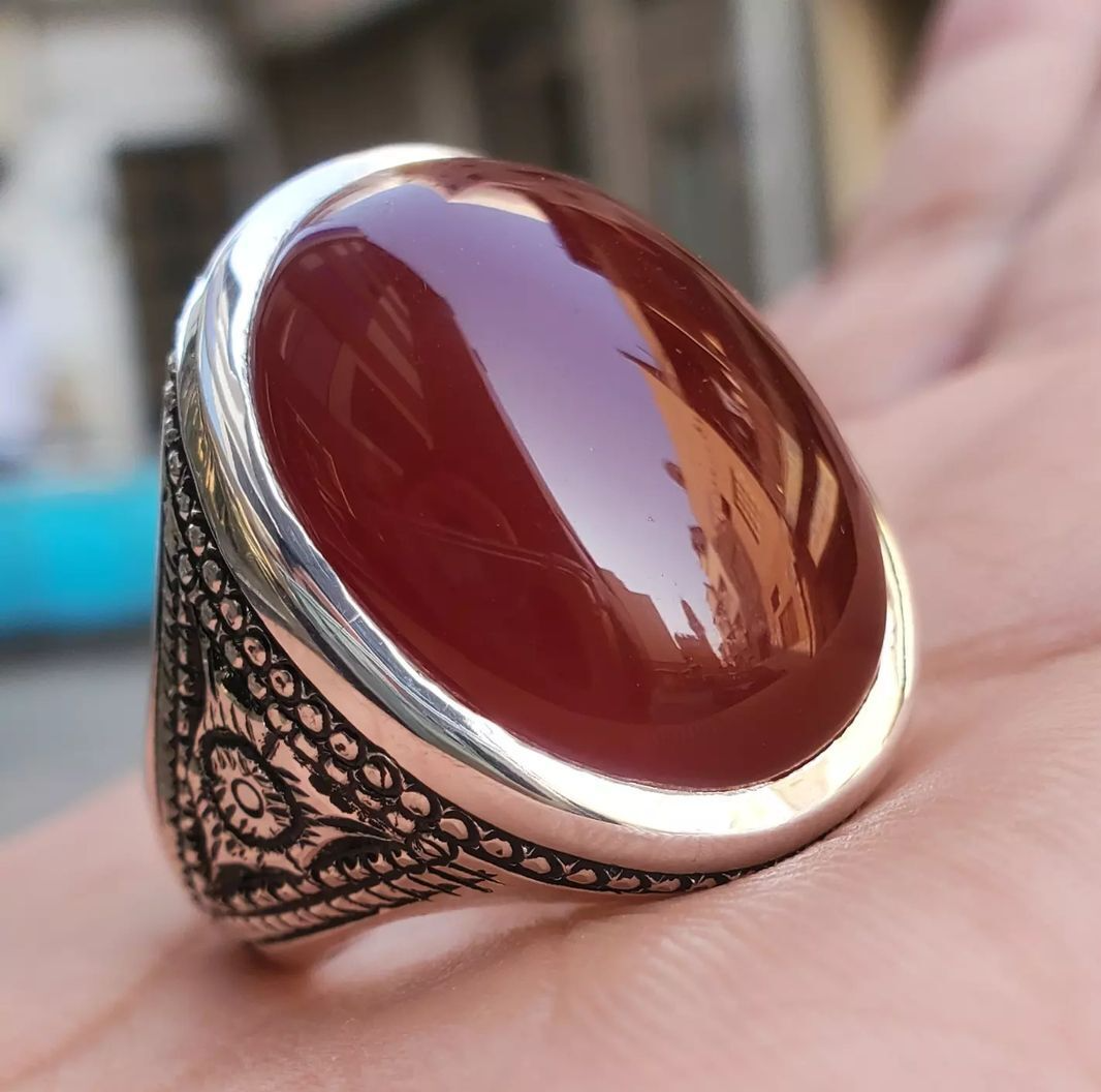 Mens aqeeq ring natural brown red agate bague modern aqeeq ring design men real Heavenly Gems