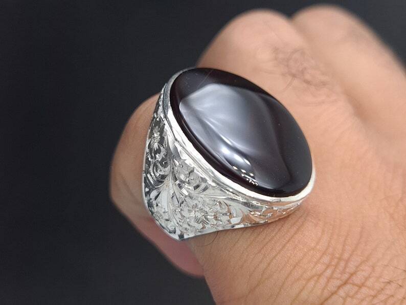 Mens Black Aqeeq Ring natural Agate Ring for Men Shifat Al Abad Yemeni Aqeeq Ring - Heavenly Gems