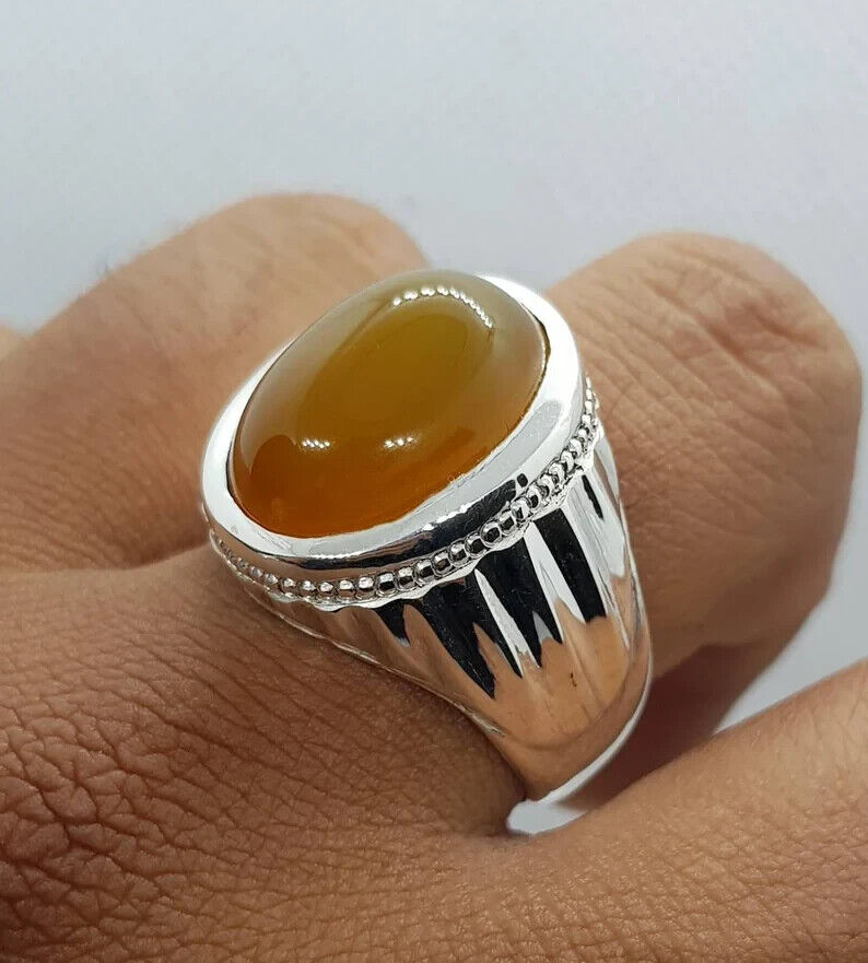 Zard aqeeq Oval Cut ring Yemeni Agate stone, Yellow aqeeq mens ring, Old Deep yellow ring 925 Sterling Silver - Heavenly Gems
