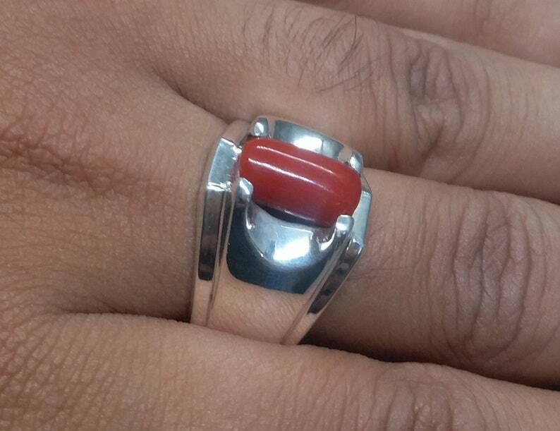 Natural Unheated Untreated Deep Red Coral Mens Ring Sterling Silver 925 Ring - Heavenly Gems