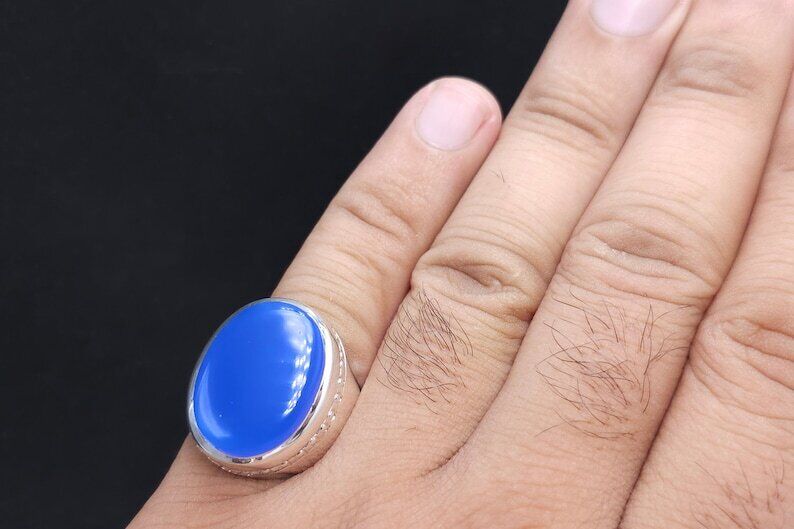 Rare Blue Aqeeq Ring Agate Akik Aqiq Flat Blue Agate Men Ring, Silver Handmade - Heavenly Gems