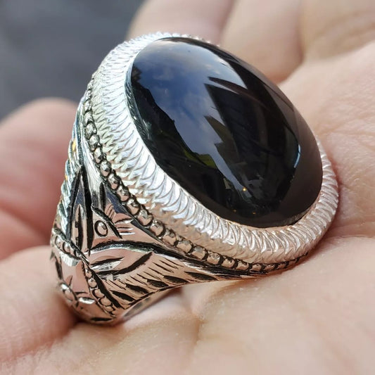 Mens Black Aqeeq Ring natural Agate Ring Oval Cut for Men Shifat Al Abad real Yemeni Aqeeq Ring - Heavenly Gems