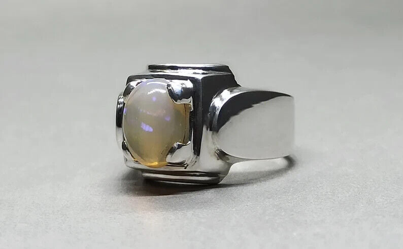 3 Carat Natural Ethiopian Fire Opal Ring 925 Sterling Silver Handmade Mens Ring - Heavenly Gems