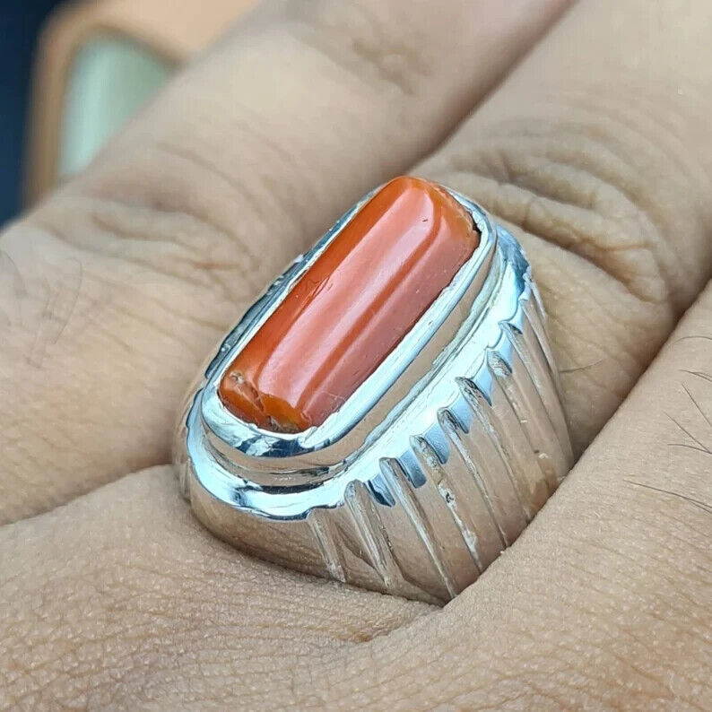 Untreated Real Coral ring Mens Coral Ring Marjan rings Top reddish Orange coral - Heavenly Gems