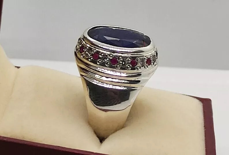 Oval Cut Natural 8 Carat Blue Sapphire Unisex Ring Sterling Silver 925 Hamdmade - Heavenly Gems
