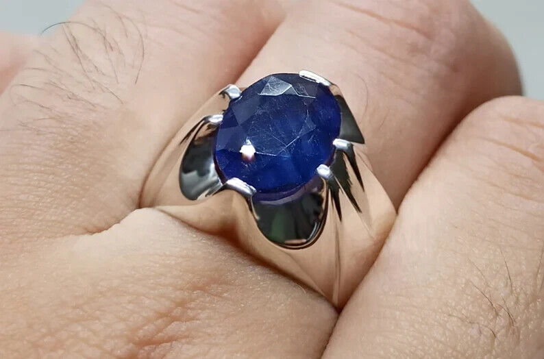 4.6 Carat Sapphire Ring Sterling Silver Handmade Mens Ring Natural Blue Sapphire - Heavenly Gems