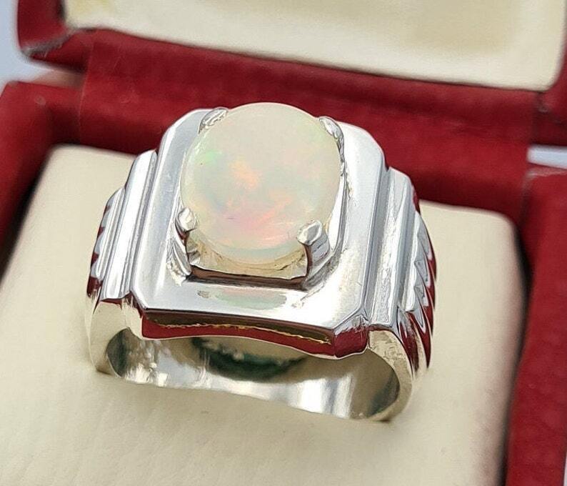 opal ring natural white opal australian handmade jewelry sterling silver ring - Heavenly Gems