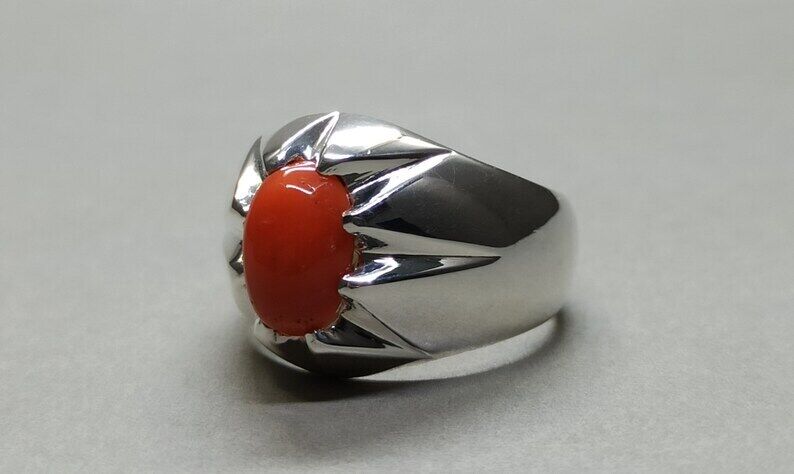 Natural Deep Red Australian Coral Mens Ring Sterling Silver 925 Dark Red marjan - Heavenly Gems