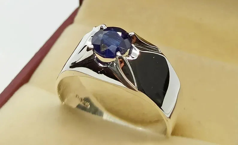 Natural Royal Deep Blue Sapphire Mens Ring Sterling Silver 925 Handmade Blue men - Heavenly Gems