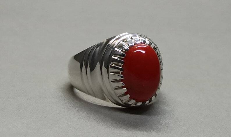Natural Deep Red Australian Coral Mens Ring Sterling Silver 925 Dark Red ring - Heavenly Gems