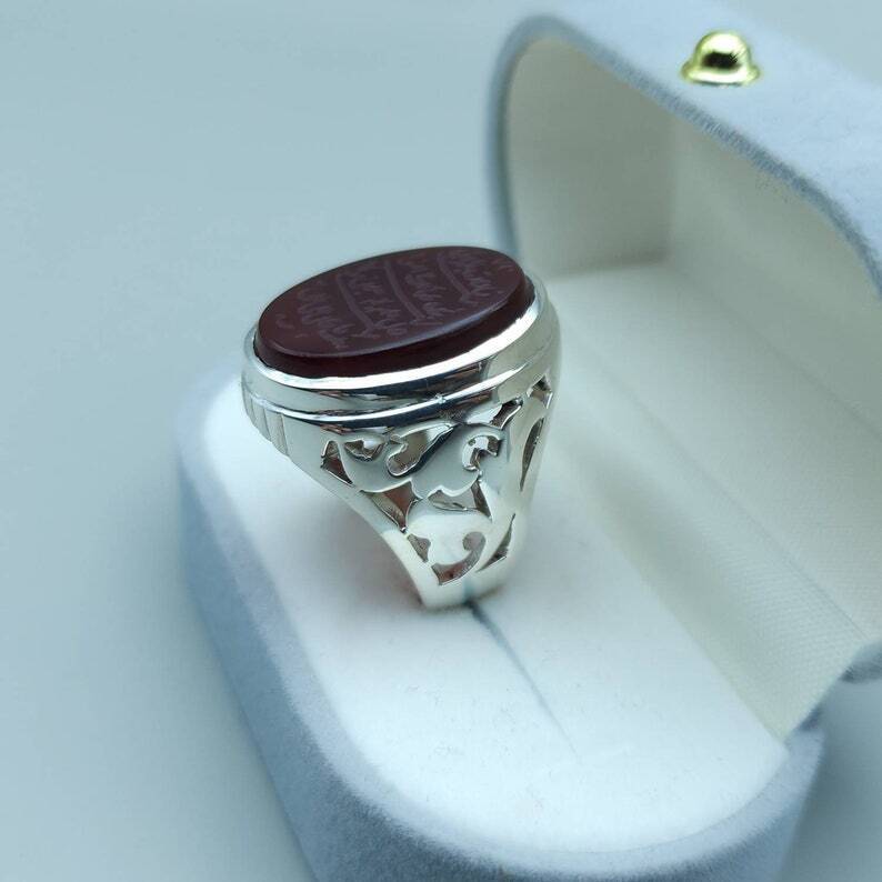 Naad-e-Ali Written Yemeni aqeeq ring | Mens Agate ring | Real yamani aqeeq rings|925 Sterling Silver Ring - Heavenly Gems