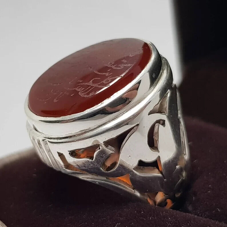 Naad-e-Ali Written Yemeni aqeeq ring | Mens Agate ring | Real yamani aqeeq rings 925 Sterling Silver - Heavenly Gems
