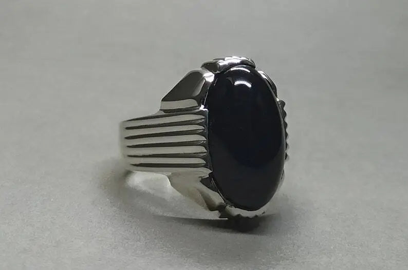 Men's Natural Unheated Untreated Black Onyx Ring - Sterling Silver 925 Agate Gemstone - Heavenly Gems