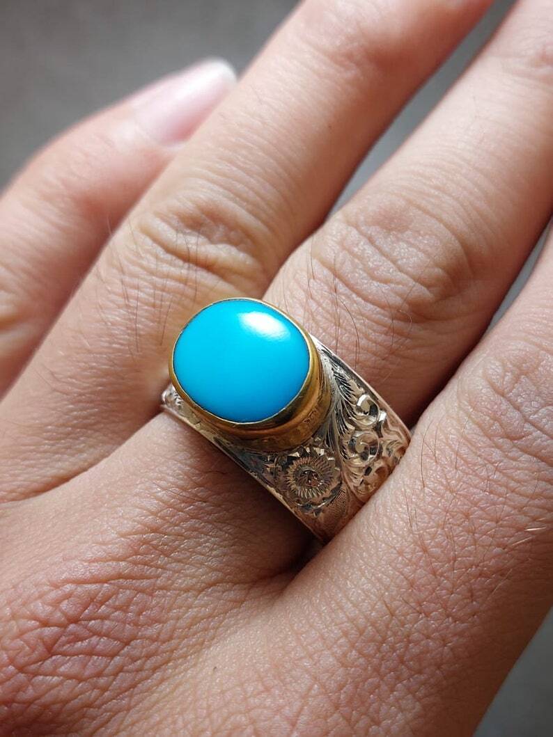 Natural Nishapur Turquoise Feroza Ring Sterling Silver 925 Handcrafted Rare ring - Heavenly Gems