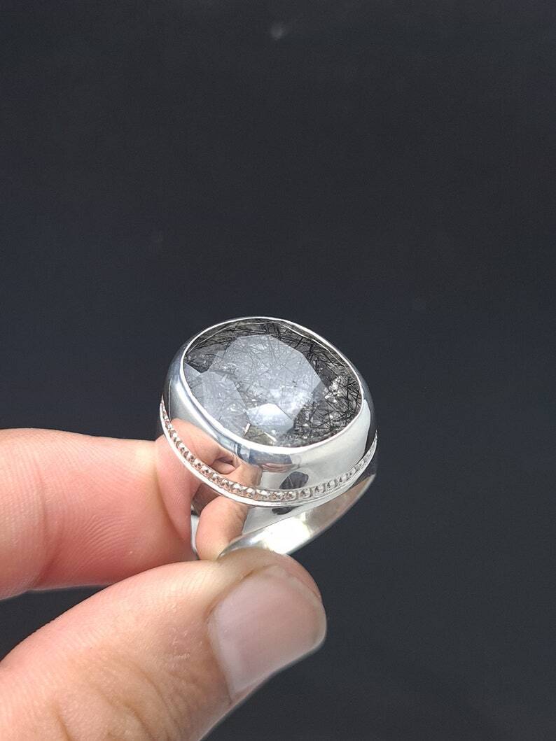 Natural Muh e Najaf Mens Sterling Silver 925 Handmade Ring Rutilated Quartz Ring - Heavenly Gems