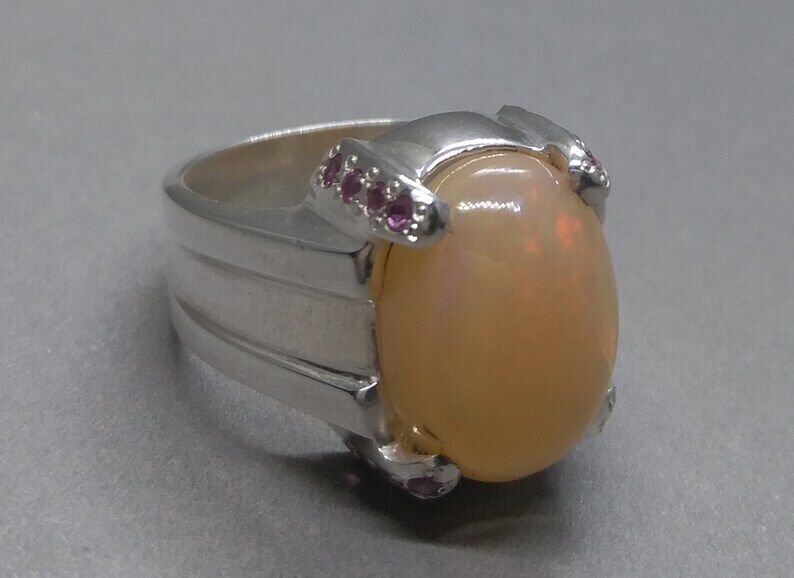 Natural Unheated Untreated Big Fire Opal Mens Ring Sterling Silver 925 ring - Heavenly Gems