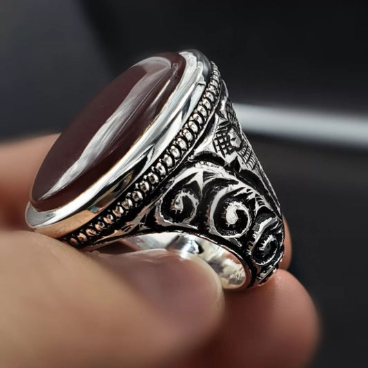 Mens Yemeni Aqeeq Ring Deep Blood Red Yamni Agate Natural Ring For Men - Heavenly Gems