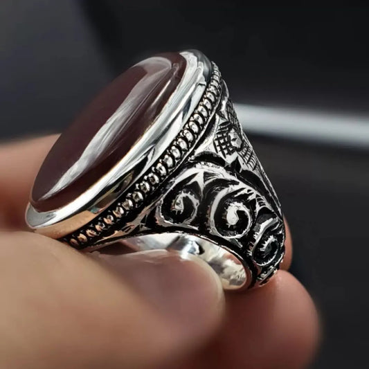 Mens Yemeni Aqeeq Ring Deep Blood Red Yamni Agate Natural Ring For Men - Heavenly Gems