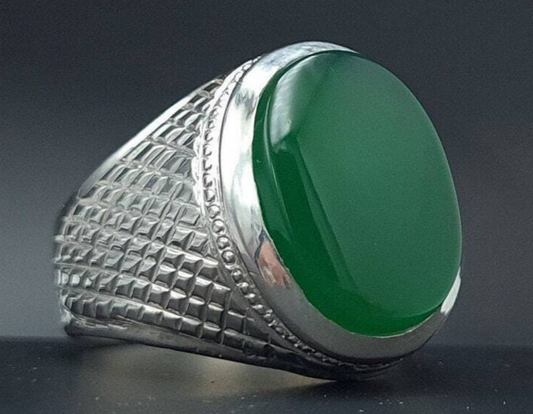 Rare Unheated Green Yemeni aqeeq ring for men Natural Yamani hakik rings Real Sterling Silver 925 - Heavenly Gems