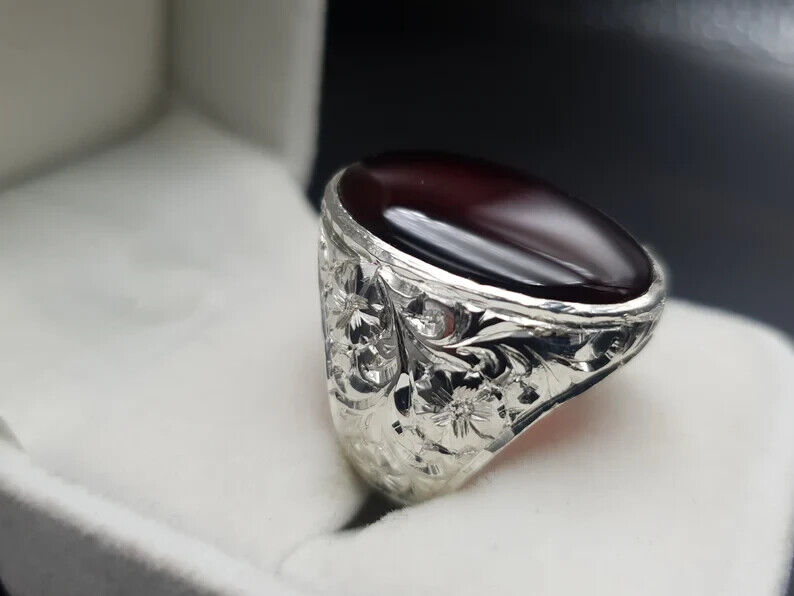 Mens Aqeeq Ring Agate Oval Cut Ring for Men Shifat Al Abad Yemeni Aqeeq Ring For Men 925 - Heavenly Gems