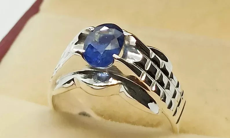 Natural Blue Sapphire Men's Ring - Sterling Silver 925 Men's Jewelry - Heavenly Gems