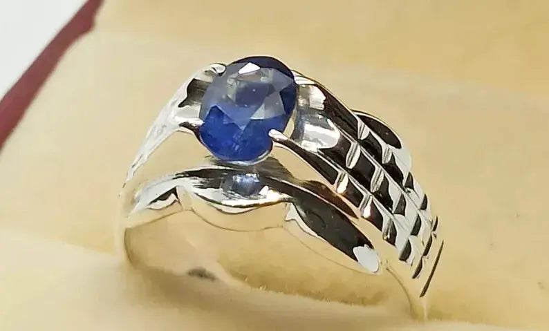 Natural Blue Sapphire Men's Ring - Sterling Silver 925 Men's Jewelry - Heavenly Gems