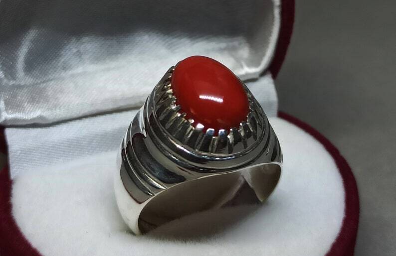 Natural Deep Red Australian Coral Mens Ring Sterling Silver 925 Dark Red ring - Heavenly Gems