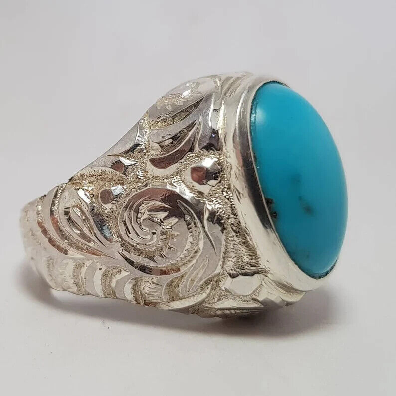 Beautiful Turquoise ring Engraved Feroza ring Mens Big Turquoise ring Mens Gift - Heavenly Gems