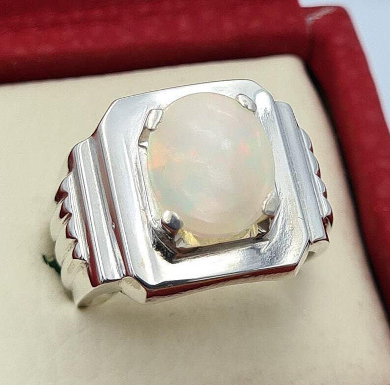 opal ring natural white opal australian handmade jewelry sterling silver ring - Heavenly Gems