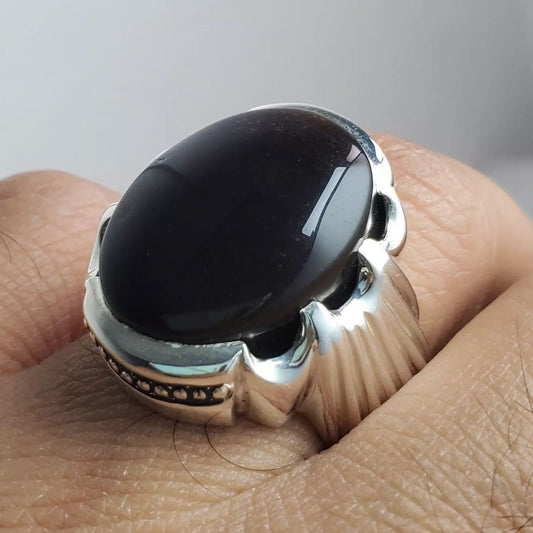 Mens Black Aqeeq Ring Oval Cut natural Agate Ring for Men Shifat Al Abad Yemeni Aqeeq Ring 925 Sterling Silver - Heavenly Gems