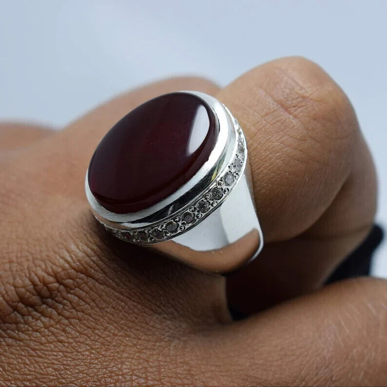 Mens Brown Black Aqeeq Ring Yemeni Aqeeq Ring for Men Mens Yemeni akik Ring brown Sterling Silver 925 (Premium Quality) - Heavenly Gems
