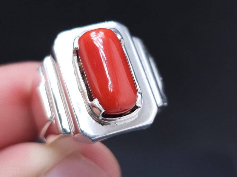 Natural Coral Ring Deep Red Coral Mens Heavy Ring Sterling Silver 925 Marjan - Heavenly Gems